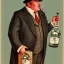 Placeholder: A 1930s Italian-American businessman in his 20s with a bowler hat and a tattered suit. He is obese and sad. He holds a bottle of alcohol in his hand