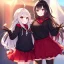 Placeholder: Clear focus,High resolution,High quality, Smiling, Black hoodie with a red collar, Wearing a red skirt, Wearing black long socks, Black Long hair with a ahoge, Red eyes, Wearing black gloves