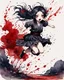 Placeholder: Petit girl goth, run pose, fullbody, splashes blood, behind guts rising from the ground, watercolor illustration by <Katsushika Hokusai>, darkred tones,