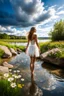 Placeholder: country side small river nice rocks at floor ,wild flowers, blosom pretty sky and cloudes a beautiful young lady standing gracefully in water