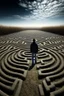 Placeholder: A man enters a labyrinth and the background sky draws the shape of a skull