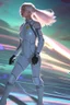 Placeholder: woman in a skin-tight spacesuit, with blond hair in a pigtail, walking towards a spaceship, back to the camera, on a path, wooded landscape in the distance, blue sky