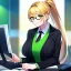 Placeholder: Clear focus, 8k, beautiful lighting, vibrant colors, girl, golden hair, long hair, vibrant green eyes, ponytail, office clothes, green glasses, black stockings,