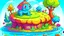 Placeholder: Fantasy cartoon illustration: Near a pond there is a cute colorful turtle's house.