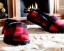 Placeholder: Red plaid slippers on a fur rug by kiva fireplace