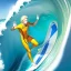 Placeholder: blonde hair anime boy surfing under a wave, make hands look realistic, standing up on a surfboard,wearing an orange wetsuit, make feet look realistic, balancing on a surfboard, waves crashing all around him