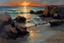 Placeholder: Night, sea, waves, rocks, sand, seashore, epic, wilfrid de glehn and jenny montigny impressionism paintings