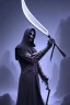 Placeholder: wanishing sickle of death, grim reaper, 4k, trending art, weird perspective, mirrors, reflection, water, smoke