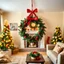 Placeholder: miniature christmas wreath hung over a mouse hole in a wall of a suburban living room, humorous, kitchy, photographic