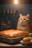 Placeholder: pixar animation - Disney animation - DreamWorks animation - 3D animation - Anime - a big, fat, orange tabby cat and a giant pan of Lasagna - gradated Background, professional quality studio 8x10 UHD Digital photograph, multicolored spotlight, Photorealistic, realistic stock photo, Professional quality Photograph. colored Fog - Multicolored lighting,