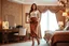 Placeholder: very beautiful sexy lady with beautful cream brown midi skirt and blouse standing in a luxury bedroom with high heels next to makeup desk looking to camera