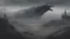 Placeholder: an apocalyptic flat landscape covered in dark gray dust. ancient battle field. skeleton. dragon bones everywhere. dark grey mist. dead ocean in the distance. seen from the ground. fantasy, horror. no trees