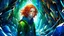 Placeholder: off to the side anime man with really long dark ginger red hair and sharp blue eyes and forest green sweater standing in a cave with glowing crystals surrounding him and ice crystals hanging from the roof of the cave the cave is narrow and deep very colorful