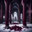 Placeholder: Hyper Realistic Big Maroon Crystals on snow Inside a Dark Abandoned Mosque with beautifully crafted pillars at dark night