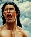 Placeholder: native american warrior, long black hair, big muscles, face up, mouth wide open, scream face, shirtless, looking to the sky