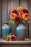 Placeholder: oilpaint of two antique and rusty metallic vases with colorful dahlia's and autumn leafs over rustic wooden bench, an old blue painted fence in the background, beautiful still life