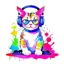Placeholder: cute dj cat, full body, cartoon vector logo watercolor paiting