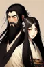 Placeholder: Traditional Japanese anime woman, long black hair, with bearded man