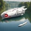 Placeholder: Detailed white large space ship floating on wide River on a summers day, English village, subtle red and green lights , blue exhaust ports , stopped, antennas, , luminescent , 35 mm focal length