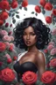 Placeholder: envision a closeup of a beautiful black female, with shoulder length black bobbed hair style, in the midst of a rose garden, facing the front, large gray eyes, mystical fantasy, chaos