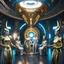 Placeholder: (masterpiece, best quality, 8k, RAW photo, beautiful and aesthetic:1.2), complex detail, Indirect light, photorealistic, (((full body))), a A group of Cosmic gods smiling, Mixed, sci-fi, spiritual and cyborg outfit with golden futuristic artifacts, white, blue and silver elements- Inside a great room of a flying saucer with a round hublot showing a galactic sunset
