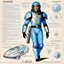 Placeholder: character concept sheet with AD&D statistics and characteristics for the TTPRG "Valerian and Laureline", [illustration by Jean-Claude Mézières (1967)] spacio-temporal agent Kael Dravan (male human), in spacesuit, ready to drive a spaceship