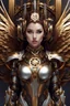 Placeholder: Photo Full body Lady Angel cyborg straddle wings, using traditional armor,detailed, intricate,gears cogs cables wires circuits, gold silver chrome copper,abstract background