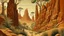 Placeholder: A brown spiky savanna with block shaped rocks designed in cave paintings painted by Paul Ranson