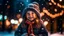 Placeholder: Little girl with christmas lights enjoying the holidays outdoors in snowfall. Happy cute child girl playing with Chistmas festive lights. digital ai