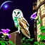 Placeholder: Adobe Promp: On a wall, a close up of a barn owl, side view, in a lavish background of blooming passion flowers. In the background in the distance an old ruin. A fisheye effect, a small depth of field, a sloppy look, a vintage atmosphere. a botanical image. Glamour glow, beautiful light.