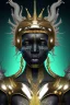 Placeholder: black African alien, cracks in the head, wicked, Asian eyes, crown, blood, 8k, finely detailed, photo realistic, Boris Vallejo style turquoise skull head gold dragon space alien rain skeleton silver helmet silver space suit spaceships