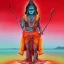 Placeholder: An oil painting of goddess Kali crossing a lake, neon red colors