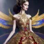 Placeholder: stunning extrem opulent haute couture gown designed by Marchesa inspired by fairies, realistic epic elegant fantasy color mix of black and gold and dark red,decorated with precious stones, detailed, high quality, intricate, fantasyland background,