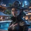 Placeholder: pen outline, layered, portrait of dark space witch hunter with strong gaze, by the pool, pool contains floating turtle tank star ship of extreme complexity and beauty,bokeh like f/0.8, tilt-shift lens 8k, high detail, smooth render, down-light, unreal engine