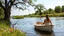 Placeholder: a beautiful lady in nice swim suit in pretty boat in river in country side next to river and big tree,wild flowers standing