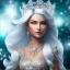 Placeholder: Ice Princess with white hair, a crown with precious stones, bright background