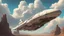 Placeholder: A Spacecraft, shaped like a passenger jet, without wings, hovering above a road in a ruined alien city, blue sky, white clouds