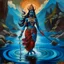 Placeholder: An oil painting of goddess Kali crossing a lake