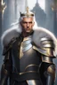 Placeholder: Male Tan Human, White Hair, Handsome Face, Wearing A Crown, Black Heavy Armour, Dark colours theme, Dark Background