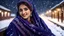 Placeholder: Hyper Realistic Photographic Low-Angle View Of A Beautiful Young Pashto Woman With Beautiful Eyes Lips & Nose (Wearing Beautiful Navy-Blue Frock With Purple Embroidery & White-Wool Shawl With Her Long Black Whirling) Happily Sitting On The Bench & Smiling At The Village Railway Platform At Heavy Snowfall Night Showing Dramatic & Cinematic Ambiance.