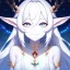 Placeholder: cosmic mage, elf, female, cosmic magic, long ears, white hair, face details, pale skin, jewellery, broad shoulders, sharp ears, cosmic clothes, cosmic eyes, ears shown, the cosmos in eyes, shining eyes, thin face, detailed ears, magical eyes, closed mouth, make up, smiling face, happy face, pointy ears