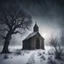 Placeholder: Hyper Realistic Haunted Chapel between a Field & dry old tree at heavy snowfall night with a headless man