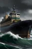 Placeholder: cargo ship named Belmont on rough seas realistic