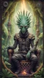 Placeholder: framed playing card illustration, close up portrait of a happy blessed immaculate dissolved ancient magical scaly slimy weird alien mad max soldier posing for photo shoot on a throne, holding a burning sceptre, in a space alien mega structure with stairs and bridges woven into a sacred geometry knitted tapestry in the middle of lush magic jungle, bokeh like f/0.8, tilt-shift lens 8k, high detail, smooth render, down-light, unreal engine, prize winning