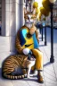 Placeholder: One single mature street cat, friendly, playing guitar, vienna, sunny day, perfect iris, model style, hyper realistic, extremely accurate, delicate, extremely detailed, Graphic novel style, colours, wide-angle, open aperture, superfine pencil