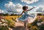 Placeholder: The camera zooms in, focusing sharply on young black girl Lily wearing pretty dress as she dances gracefully in the same romantic environment with flowers and sky with nice clouds. Her joy and youth are presented against the backdrop of the surreal surroundings.