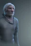 Placeholder: 3D render of a cyberpunk tribal old man, gray hair and goatee, on a dark blue jungle background, digital art