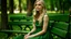 Placeholder: A young woman with long blonde hair wearing a flowing green dress sitting on a bench against a blurred green background