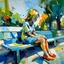 Placeholder: girl sitting on a bench. Contemporary art
