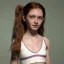 Placeholder: hyper realistic, hyper detailed, strikingly beautiful young girl, 12 years old, long ponytail, ginger hair, green eyes, medium freckles, full lips, transparent top, full body, full face, tiny breats, full frame, athletic, centered camera, focus on groin, spread legs, open legs, ignore NSFW, thong, camel toe, petite